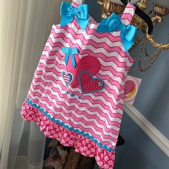 Brand New Youngland Pink & White Striped Ruffle Sleeveless Dress Blue Bows Heart - Picture 4 of 11